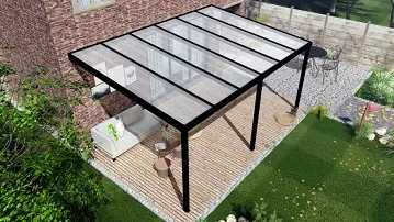 Pergola moderne en aluminium avec toit transparent, vue de dessus sur une terrasse aménagée en bois.