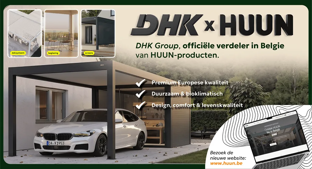 HUUN - Officiële Belgische verdeler van premium Europese lamellendaken en outdoor living structuren — ontworpen in Europa, geleverd door DHK aan ons netwerk van vakinstallateurs in België